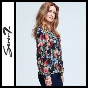 NWT Seven7 Floral Balloon Sleeve Tie Neck Top